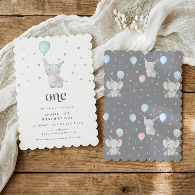 Invitation One Cute Baby Elephant 1st Birthday Party (Cute baby elephant first birthday party invitations for 1st birthdays)