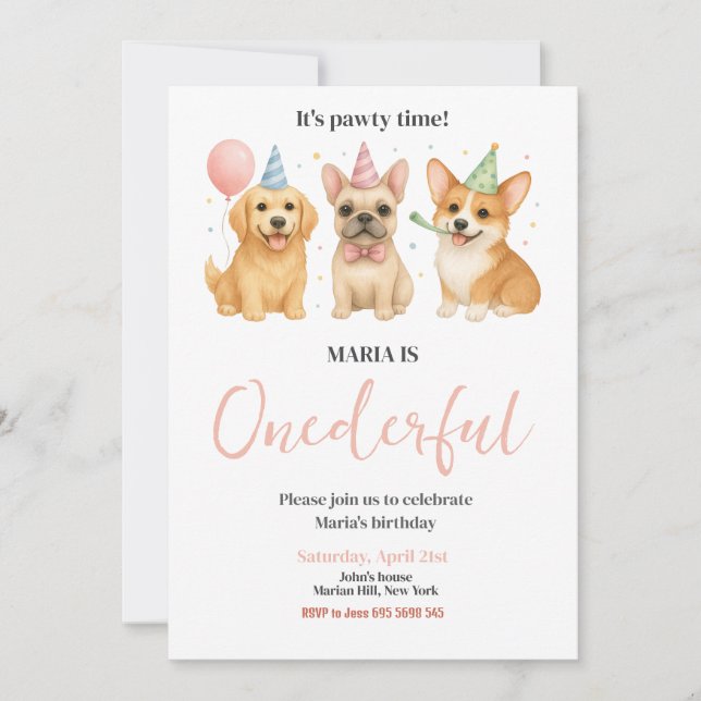 Invitation ONE derful Pawty Time Chien chiot fête d'anniversa (Devant)