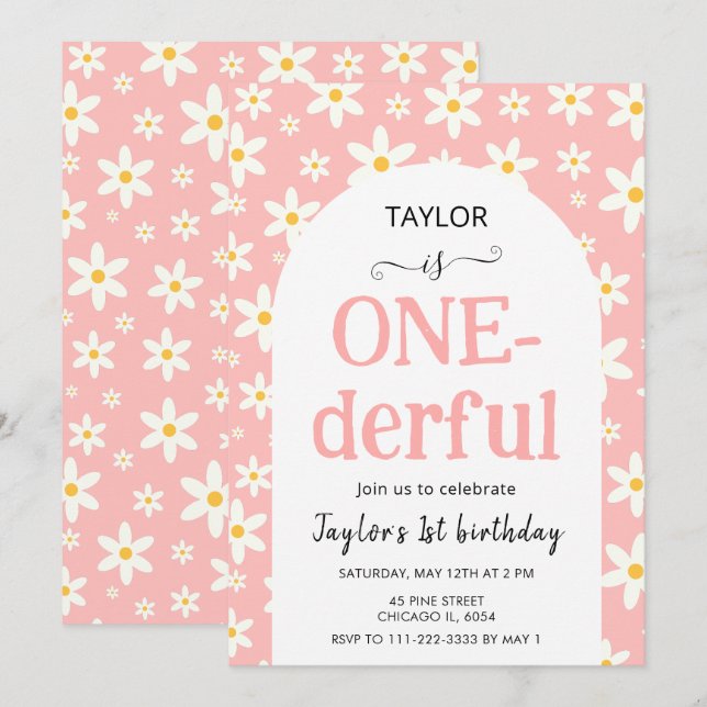 Invitation ONE-derful Pink Daisy 1st Birthday (Devant / Derrière)