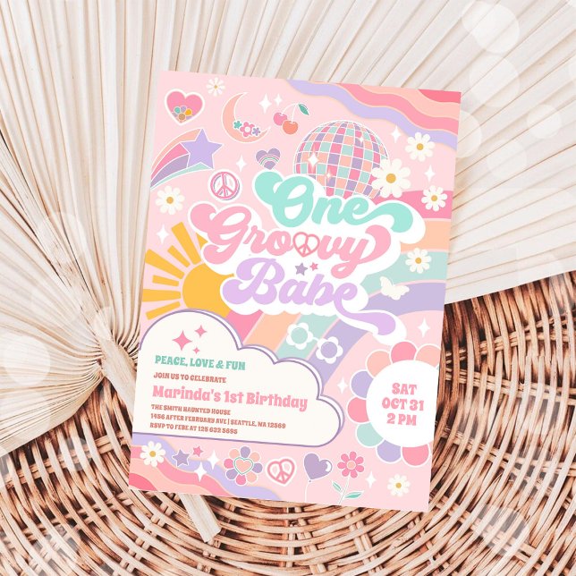 Invitation One Groovy Babe Disco Rainbow Sun 1st Birthday (Créateur téléchargé)