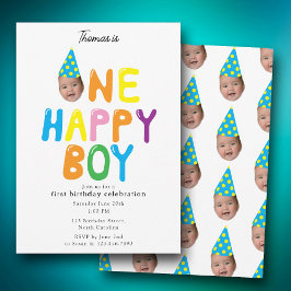 Invitation One Happy Boy  Birthday Invite 1st Birthday Photo 