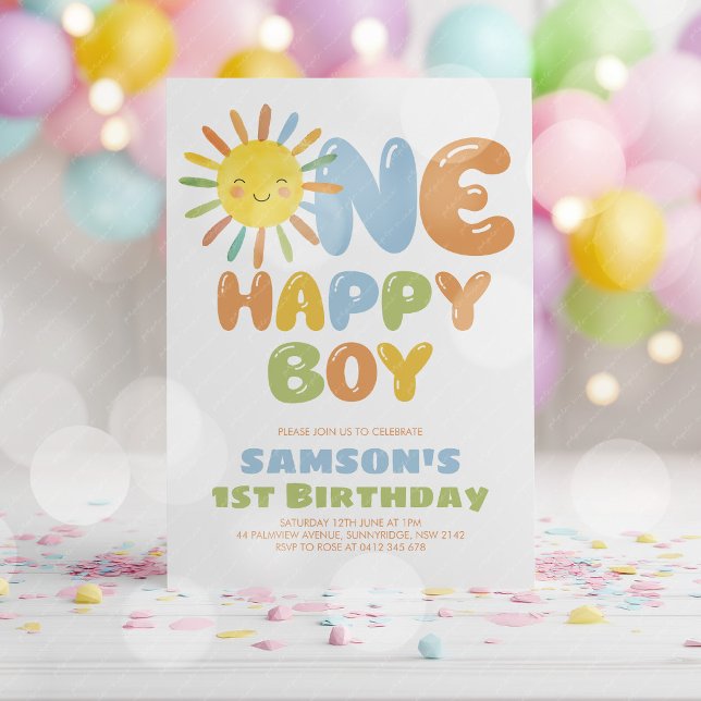 Invitation One Happy Boy Sun 1st Birthday Blue (One Happy Boy! Boy's sun 1st birthday invitation)