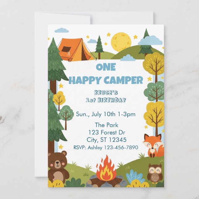 Invitation One Happy Camper, Animals 1st Birthday (Devant)