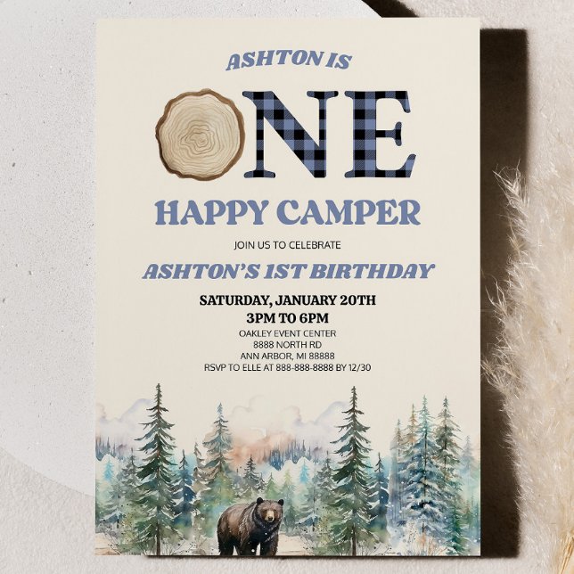 Invitation ONE Happy Camper Bear Bleu 1er anniversaire fête (Créateur téléchargé)