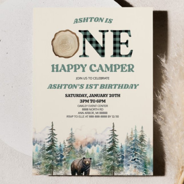 Invitation ONE Happy Camper Bear Green 1er anniversaire fête (Créateur téléchargé)