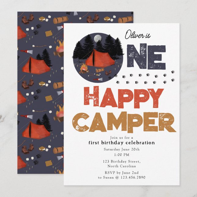 Invitation One Happy Camper Invite 1st Summer Birthday (Devant / Derrière)