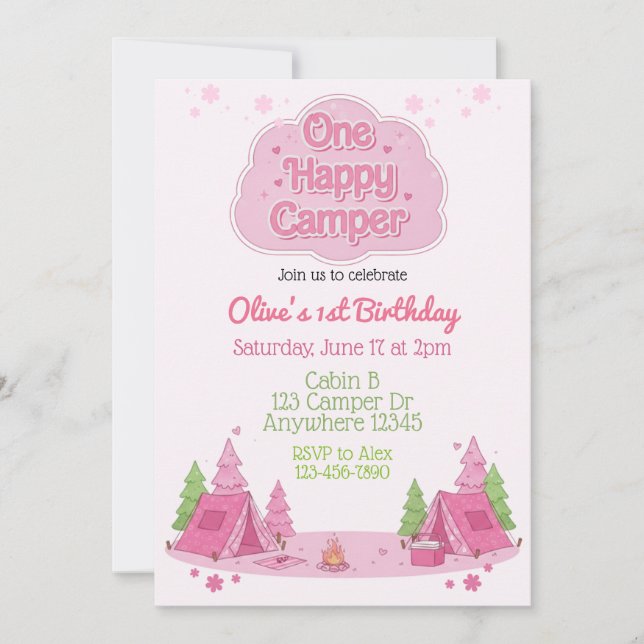Invitation One Happy Camper Pink 1st Birthday (Devant)