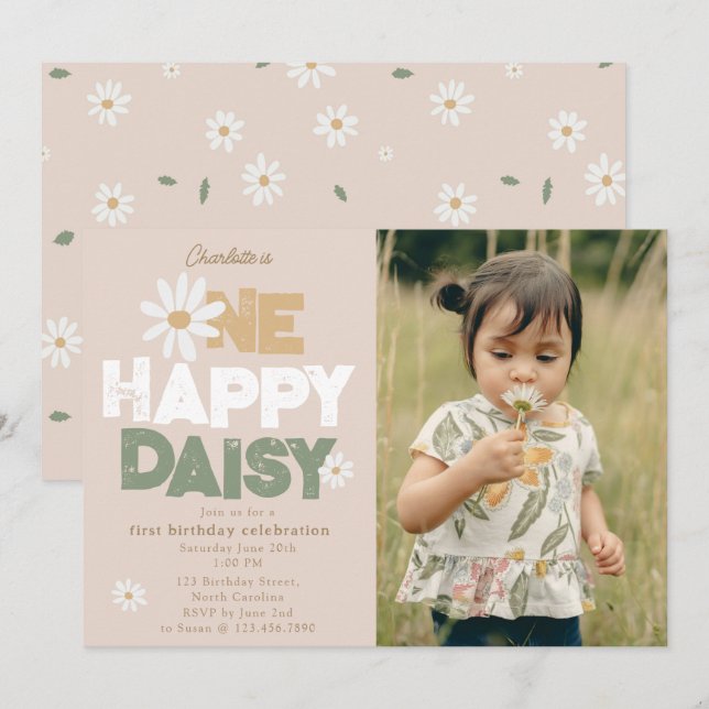 Invitation One Happy Daisy Invite 1st  First Birthday Photo (Devant / Derrière)