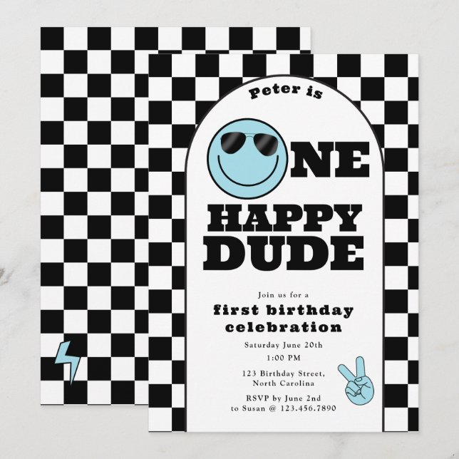 Invitation One Happy Dude Invite 1st First Birthday Cute Boy (Devant / Derrière)