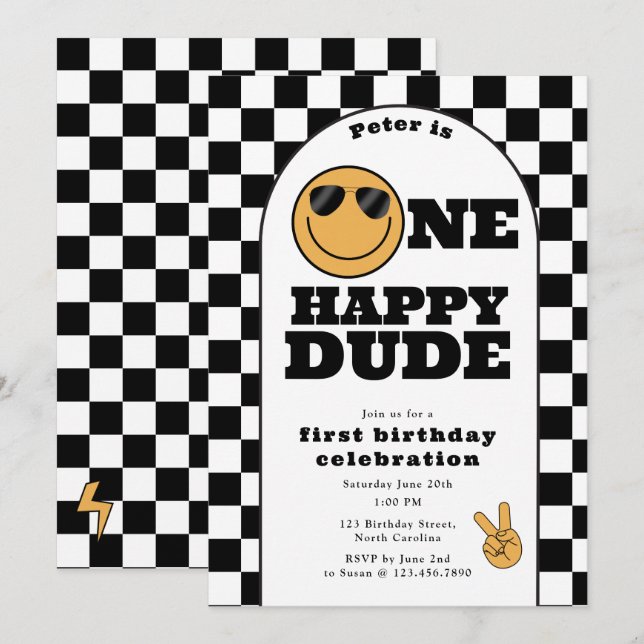 Invitation One Happy Dude Invite 1st First Birthday Cute Boy (Devant / Derrière)