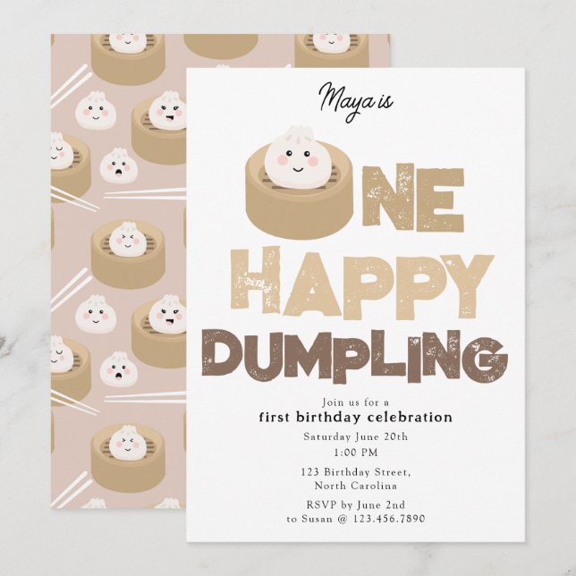 Invitation One Happy Dumpling Invite 1st  First Birthday Cute (Devant / Derrière)