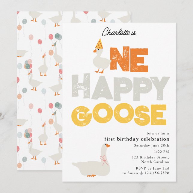 Invitation One Happy Goose Invite 1st  First Birthday Cute (Devant / Derrière)