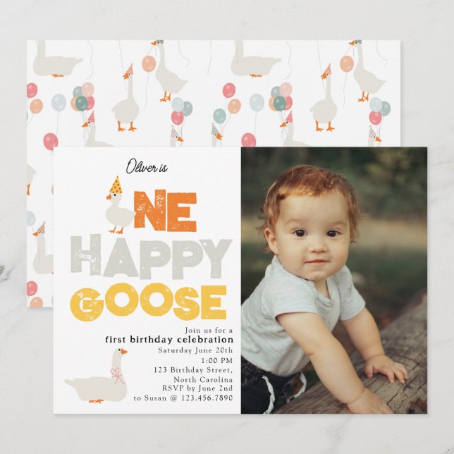 Invitation One Happy Goose Invite 1st  First Birthday Photo (Devant / Derrière)