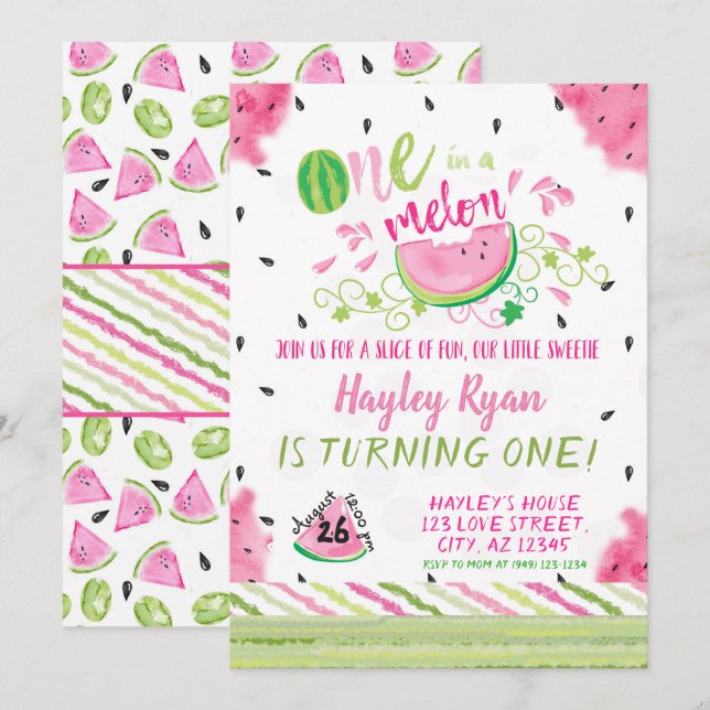 Invitation One In a Melon Watermelon Été 1er anniversaire (Devant / Derrière)