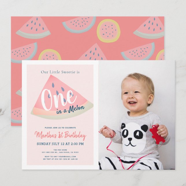Invitation One in a Melon Watermelon Pink Photo 1er anniversa (Devant / Derrière)