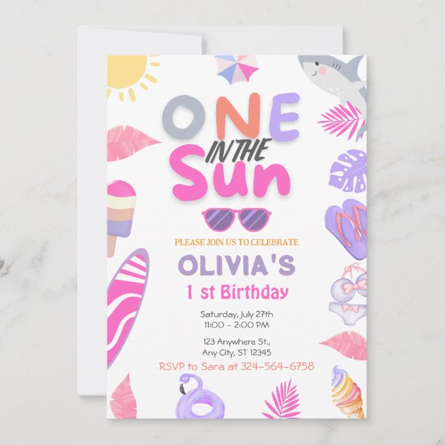 Invitation One In The Sun Pink Girl Beach 1 st Birthday Party (Devant)