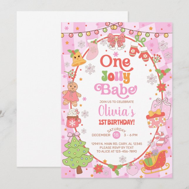 Invitation ONE jolly babe Christmas girl 1st birthday invite. (Devant / Derrière)