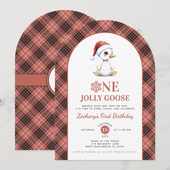 Invitation One Jolly Goose Modern Christmas First Birthday (Devant / Derrière)