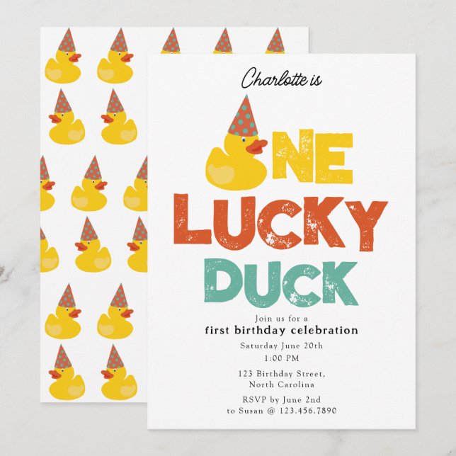 Invitation One Lucky Duck Invite 1st  First Birthday Cute (Devant / Derrière)