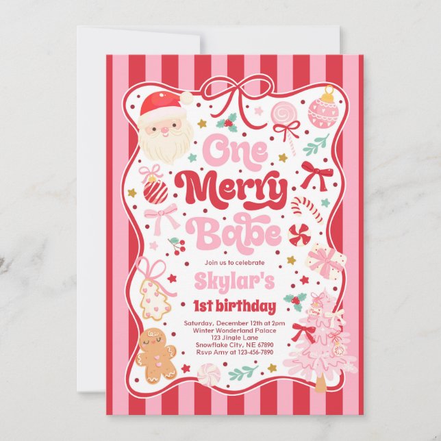 Invitation One Merry Babe Christmas Coquette Bow 1st Birthday (Devant)