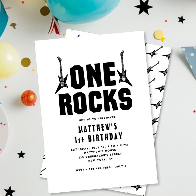 Invitation One Rocks Black and White Guitare 1er anniversaire (Créateur téléchargé)