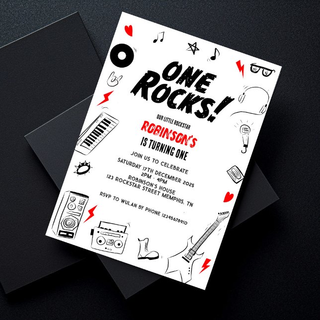 Invitation One Rocks noir et blanc Rockstar 1er anniversaire (Créateur téléchargé)