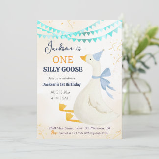 Invitation One silly goose 1st birthday blue cool cute boy