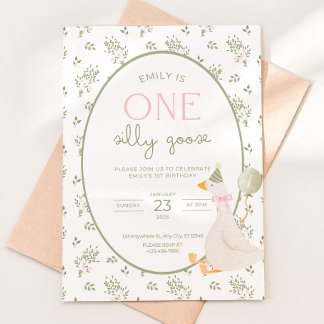 Invitation One Silly Goose Birthday Invite Vintage Floral Fir