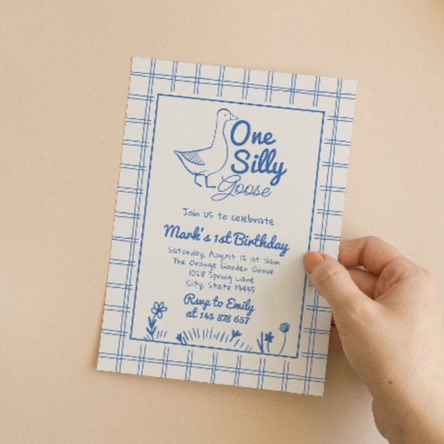 Invitation One Silly Goose Blue Drawn 1st Boy Birthday  (Créateur téléchargé)