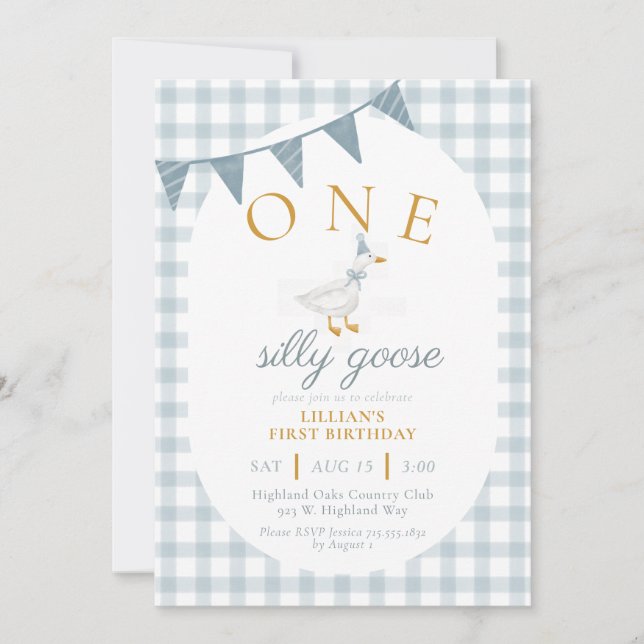 Invitation ONE Silly Goose Blue Gingham Daisy First Birthday (Devant)