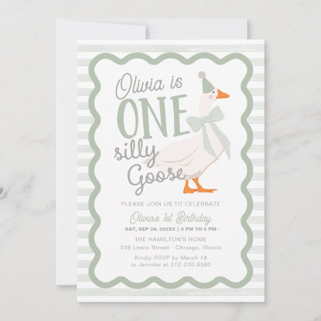 Invitation One Silly Goose Green Bow 1st Birthday (Devant)