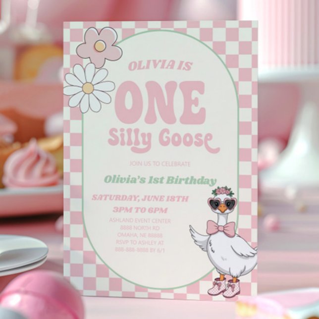 Invitation ONE Silly Goose Moderne Rétro 1ère fête d'annivers (Créateur téléchargé)