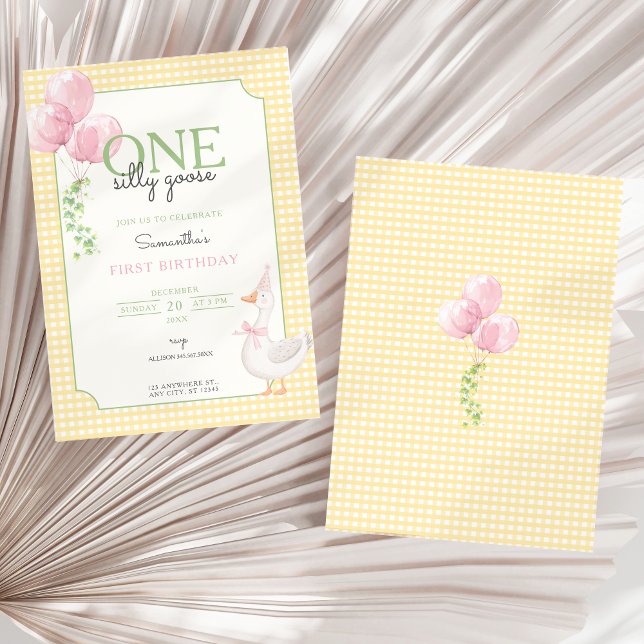 Invitation One Silly Goose Pink and Gingham 1st Birthday (One Silly Goose Invitation)