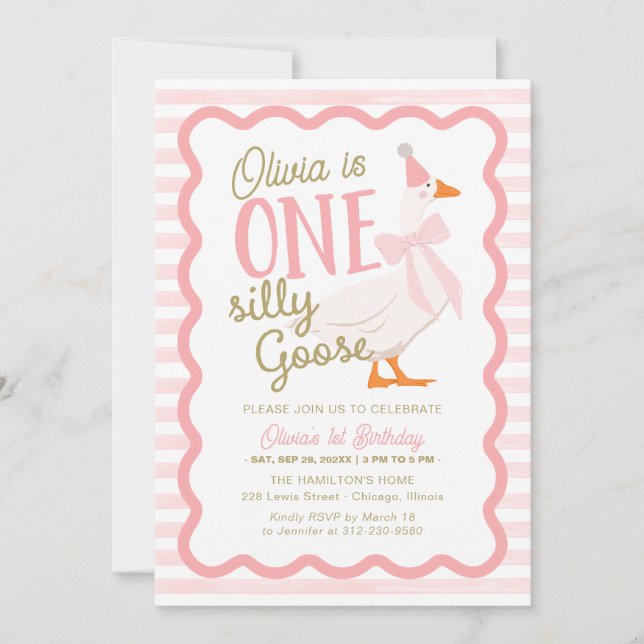 Invitation One Silly Goose Pink Bow 1st Birthday (Devant)