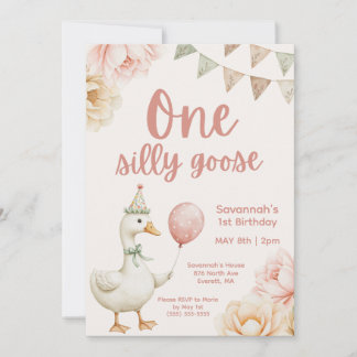 Invitation One Silly Goose Pink Floral 1st Birthday 