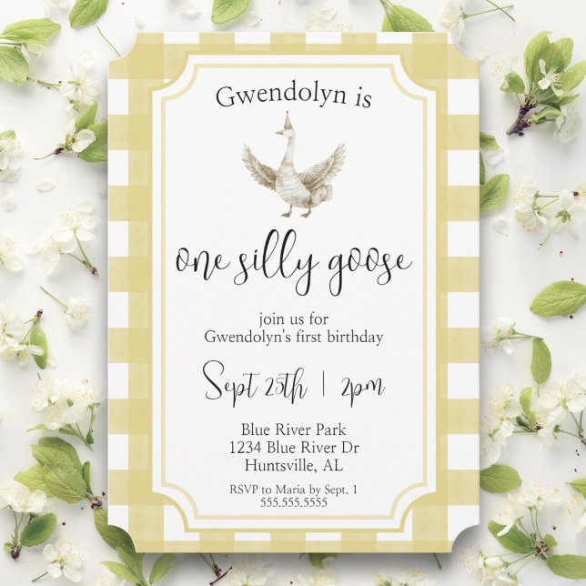 Invitation "One Silly Goose" Soignée Jaune Premier Anniversai ("one silly goose" yellow gingham first birthday party invitations watercolor gender neutral invite)