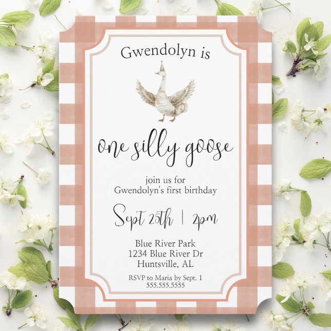 Invitation "One Silly Goose" Soignée rose Premier anniversair ("one silly goose" pink watercolor gingham picnic first birthday party invitation cute girls 1st bday)
