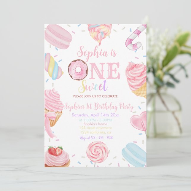 Invitation One Sweet Girl Donut pastel rose 1er anniversaire  (Debout devant)