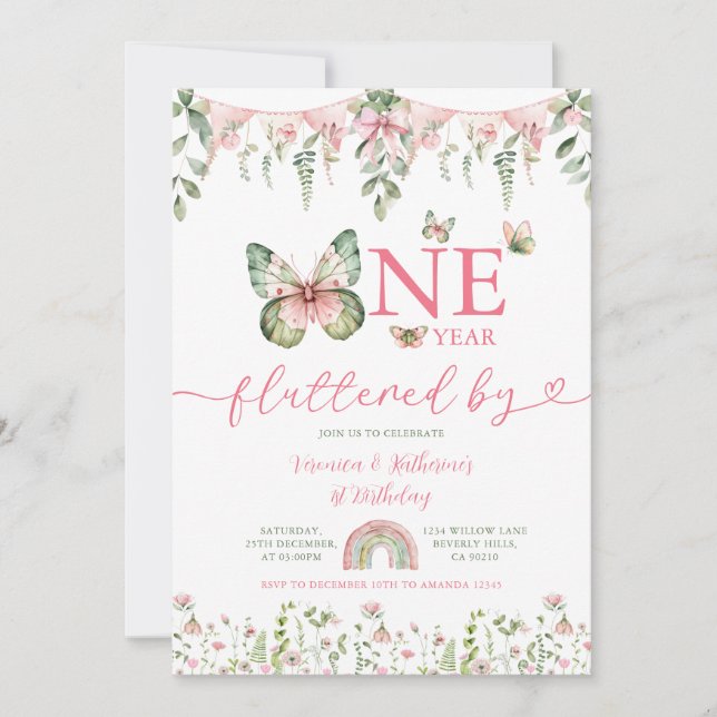 Invitation One year fluttered Butterfly First Birthday Floral (Devant)