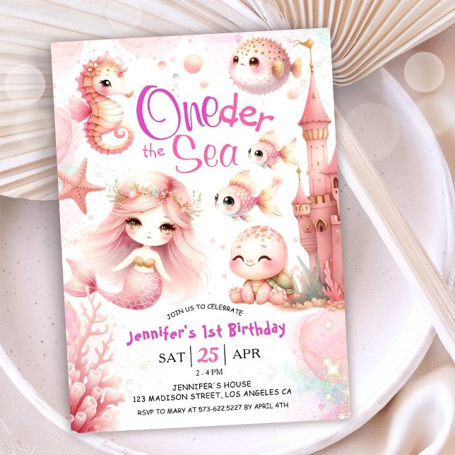 Invitation ONEder La Mer 1er Anniversaire Fille rose mignonne (Créateur téléchargé)