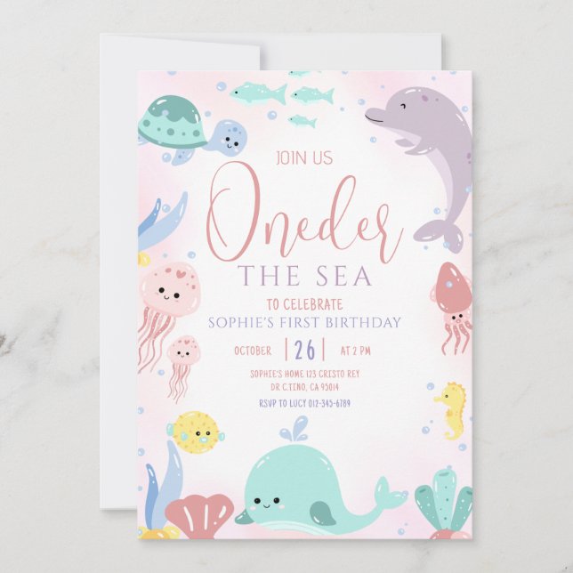 Invitation Oneder La Mer 1er Anniversaire Girl Cute Ocean (Devant)