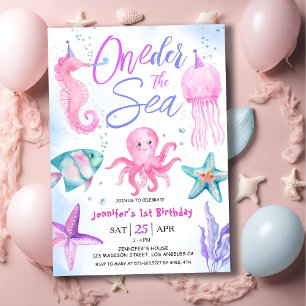 Invitation ONEder The Sea ! 1er anniversaire fille rose océan