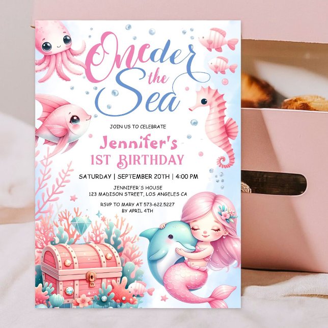 Invitation ONEder The Sea ! 1er anniversaire Pink Cute Ocean  (Créateur téléchargé)