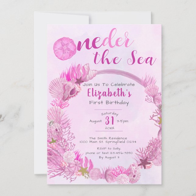 Invitation OneDer the Sea Rose Girl Photo 1er Anniversaire (Devant)
