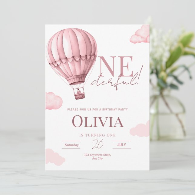 Invitation Onederdday 1st Birthday Invitation, Hot Air Balloo (Debout devant)