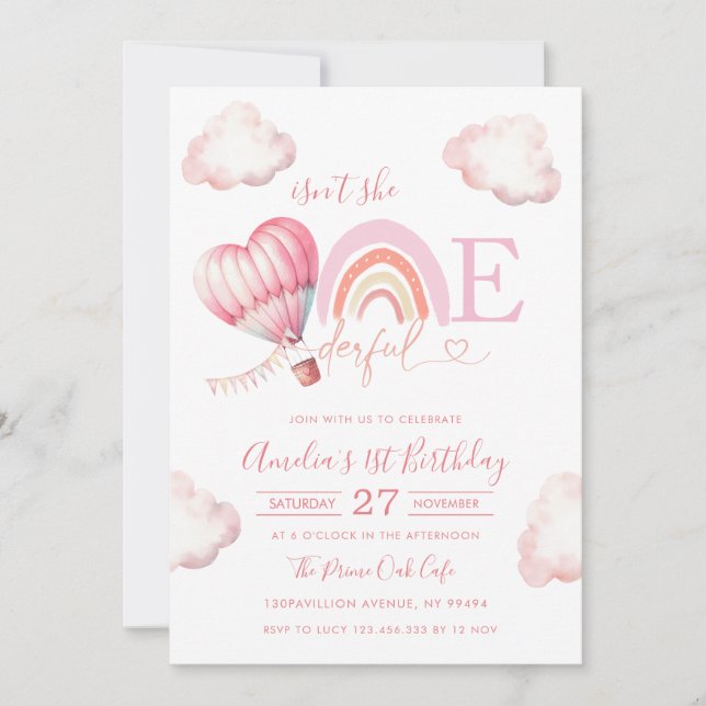 Invitation Onederful Hot Air Balloon Pink Girl 1st Birthday (Devant)