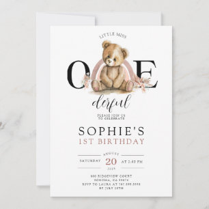 Invitation ONEderful Teddy Rainbow Girl'anniversaire Invitati
