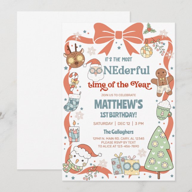 Invitation ONEderful time of the year Christmas 1st birthday. (Devant / Derrière)