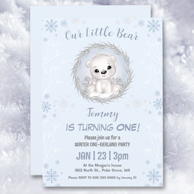Invitation Onederland Blue Polar Bear 1er anniversaire (Winter Onederland Blue Polar Bear 1st Birthday Invitation)