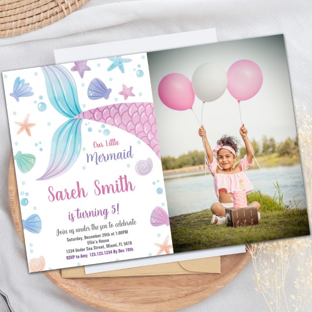 Invitation Onglet de sirène rose violet Anniversaire Invitati (Purple Pink Mermaid Tail Birthday Invitations phot)